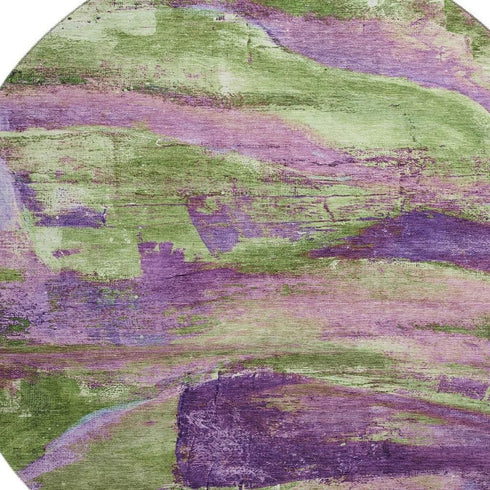 8' Purple And Green Abstract Washable Round Rug With UV Protection