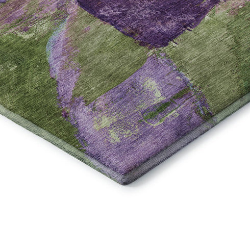 8' Purple And Green Abstract Washable Round Rug With UV Protection