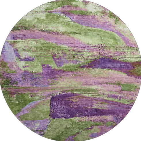 8' Purple And Green Abstract Washable Round Rug With UV Protection