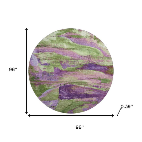 8' Purple And Green Abstract Washable Round Rug With UV Protection