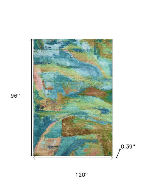 8' X 10' Teal And Blush Abstract Washable Area Rug With UV Protection