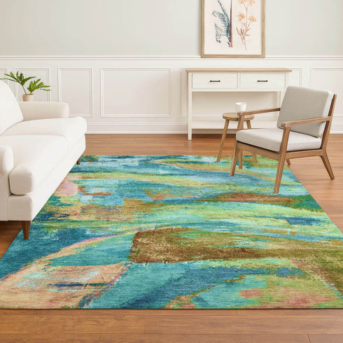 8' X 10' Teal And Blush Abstract Washable Area Rug With UV Protection