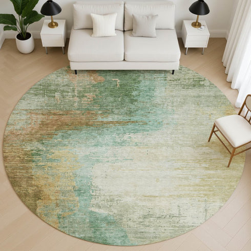 8' Sage And Brown Abstract Washable Round Rug With UV Protection