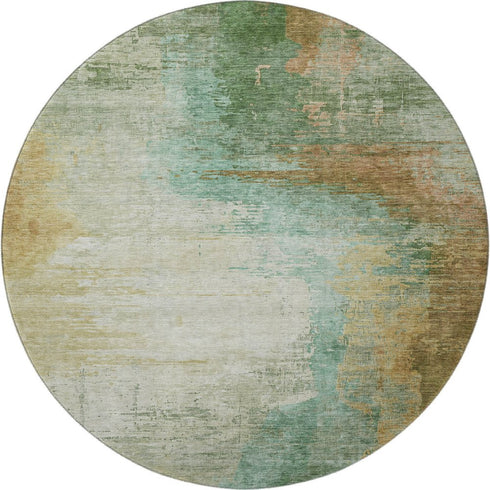 8' Sage And Brown Abstract Washable Round Rug With UV Protection