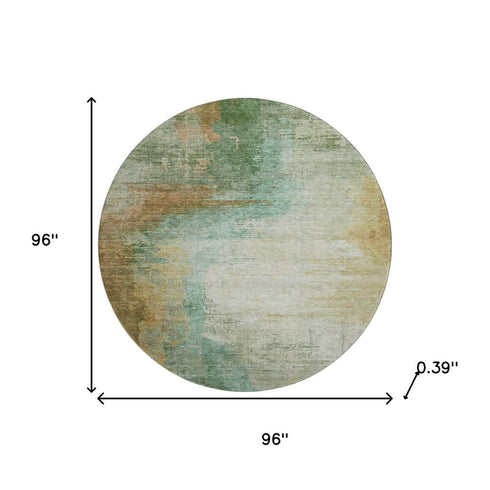 8' Sage And Brown Abstract Washable Round Rug With UV Protection