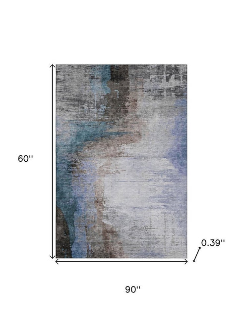 5' X 8' Brown And Blue Abstract Washable Area Rug With UV Protection