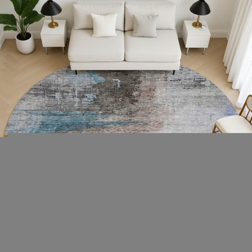 8' Brown And Blue Abstract Washable Round Rug With UV Protection