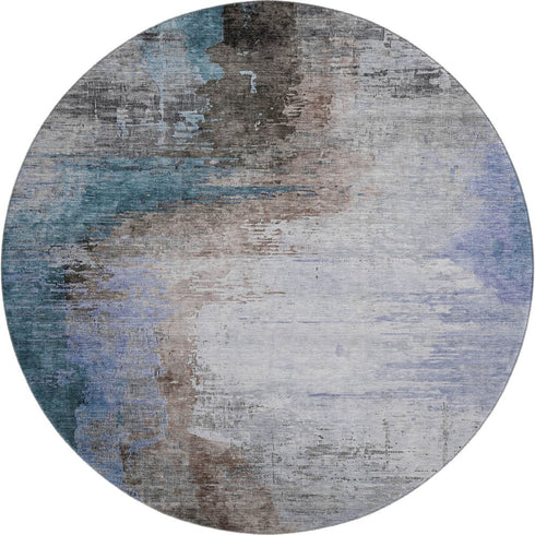 8' Brown And Blue Abstract Washable Round Rug With UV Protection