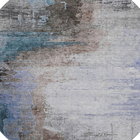 8' Brown And Blue Abstract Washable Round Rug With UV Protection