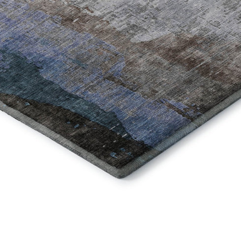 8' Brown And Blue Abstract Washable Round Rug With UV Protection