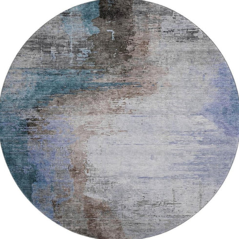 8' Brown And Blue Abstract Washable Round Rug With UV Protection