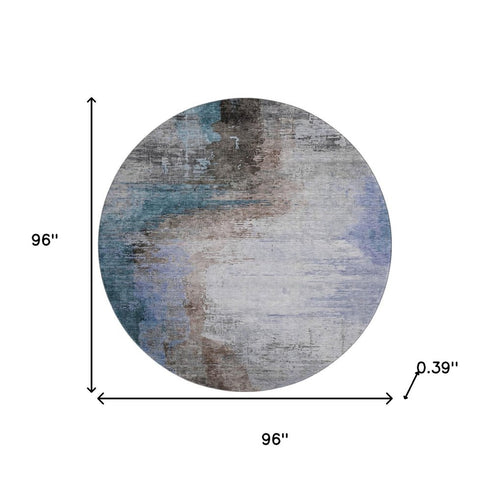 8' Brown And Blue Abstract Washable Round Rug With UV Protection