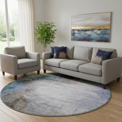 8' Brown And Blue Abstract Washable Round Rug With UV Protection