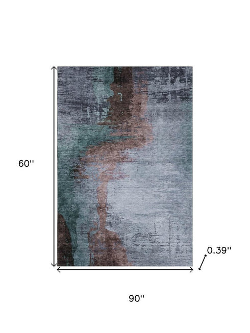 5' X 8' Blue And Brown Abstract Washable Area Rug With UV Protection