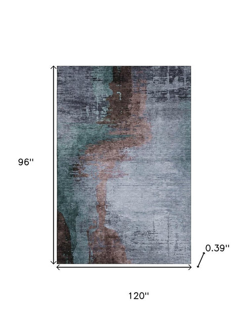 8' X 10' Blue And Brown Abstract Washable Area Rug With UV Protection