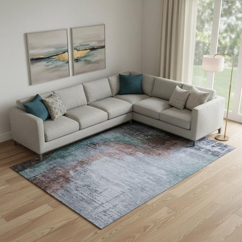 8' X 10' Blue And Brown Abstract Washable Area Rug With UV Protection