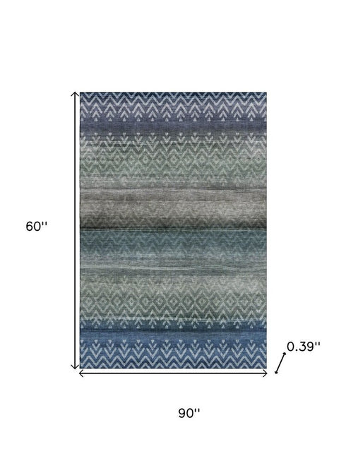 5' X 8' Blue And Gray Geometric Washable Area Rug With UV Protection