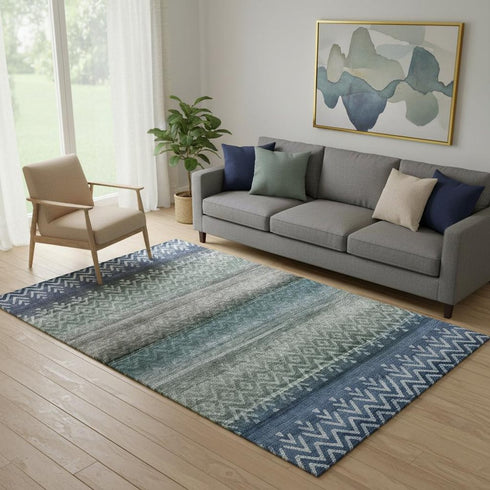 5' X 8' Blue And Gray Geometric Washable Area Rug With UV Protection