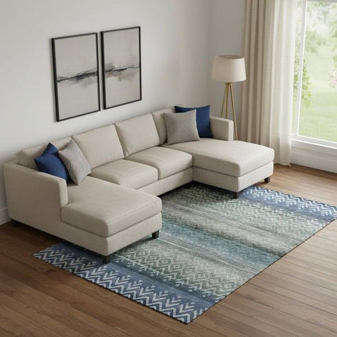 8' X 10' Blue And Gray Geometric Washable Area Rug With UV Protection