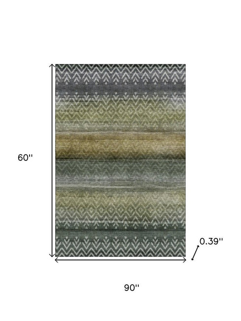 5' X 8' Green And Charcoal Geometric Washable Area Rug With UV Protection