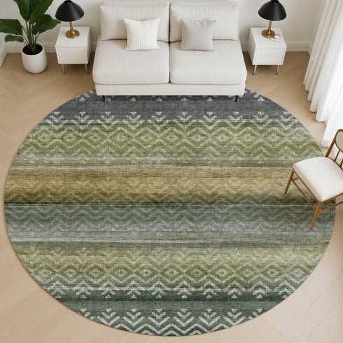 8' Green And Charcoal Geometric Washable Round Rug With UV Protection