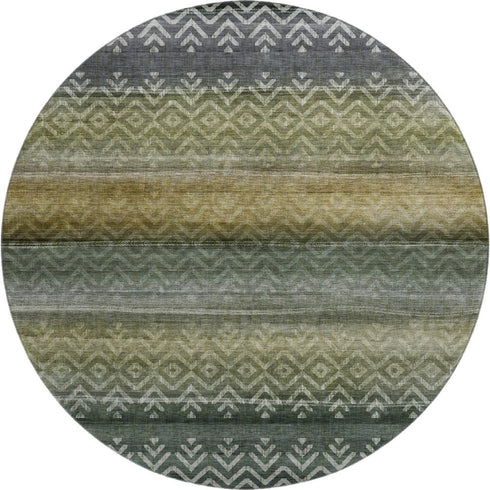 8' Green And Charcoal Geometric Washable Round Rug With UV Protection
