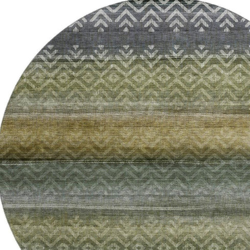8' Green And Charcoal Geometric Washable Round Rug With UV Protection