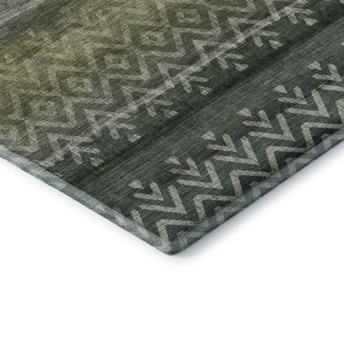 8' Green And Charcoal Geometric Washable Round Rug With UV Protection