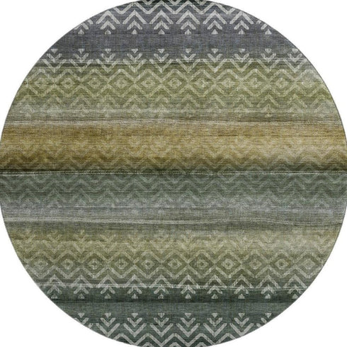 8' Green And Charcoal Geometric Washable Round Rug With UV Protection