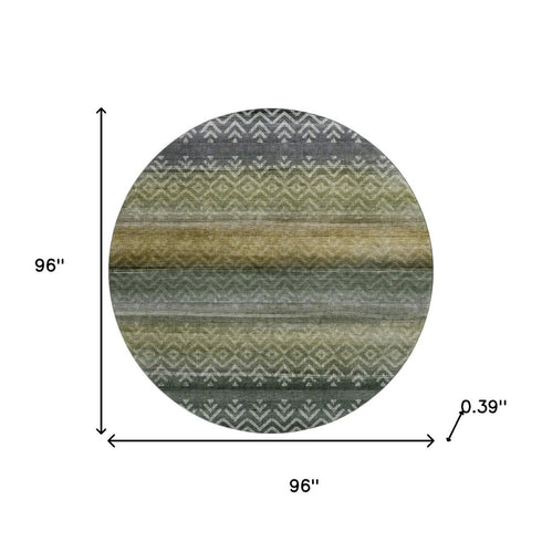8' Green And Charcoal Geometric Washable Round Rug With UV Protection