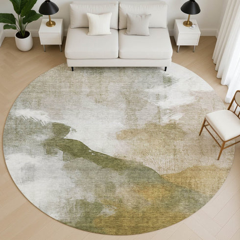 8' Green And Ivory Abstract Washable Round Rug With UV Protection