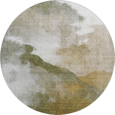 8' Green And Ivory Abstract Washable Round Rug With UV Protection