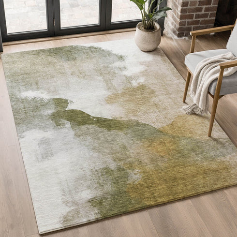 8' X 10' Green And Ivory Abstract Washable Area Rug With UV Protection