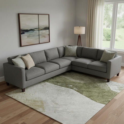 8' X 10' Green And Ivory Abstract Washable Area Rug With UV Protection