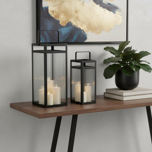 Set of Two Black Metal Floor Lantern Candle Holders