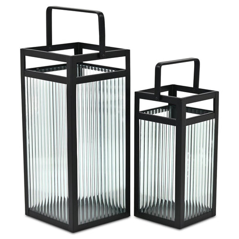 Set of Two Black Metal Floor Lantern Candle Holders