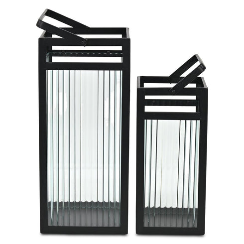 Set of Two Black Metal Floor Lantern Candle Holders