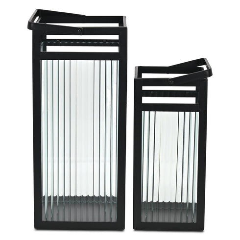 Set of Two Black Metal Floor Lantern Candle Holders