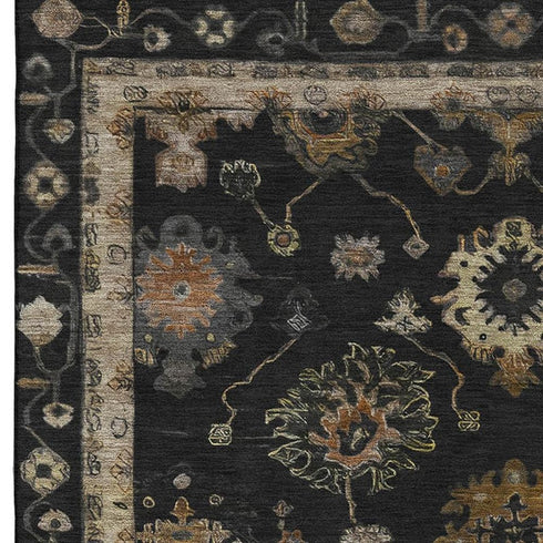 5' X 8' Black And Gold Oriental Washable Area Rug With UV Protection