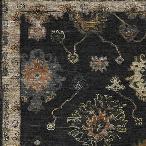 8' X 10' Black And Gold Oriental Washable Area Rug With UV Protection
