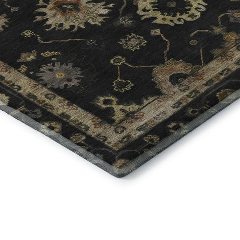 8' X 10' Black And Gold Oriental Washable Area Rug With UV Protection