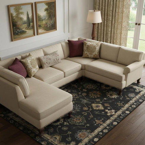 8' X 10' Black And Gold Oriental Washable Area Rug With UV Protection