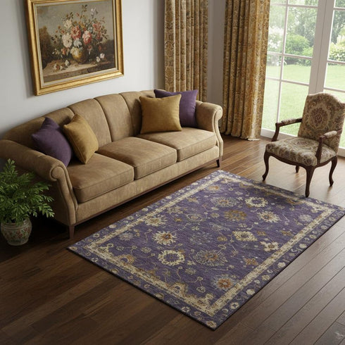 5' X 8' Eggplant And Beige Oriental Washable Area Rug With UV Protection
