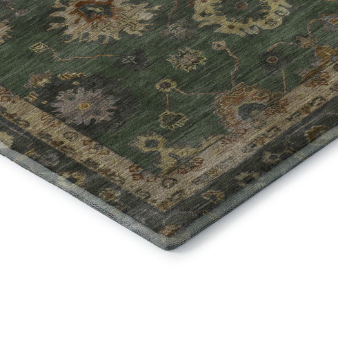 5' X 8' Fern Green And Gold Oriental Washable Area Rug With UV Protection