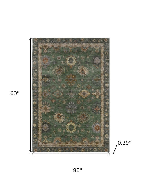5' X 8' Fern Green And Gold Oriental Washable Area Rug With UV Protection