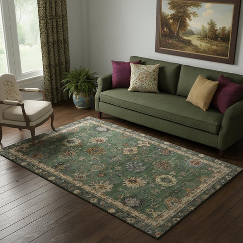 5' X 8' Fern Green And Gold Oriental Washable Area Rug With UV Protection