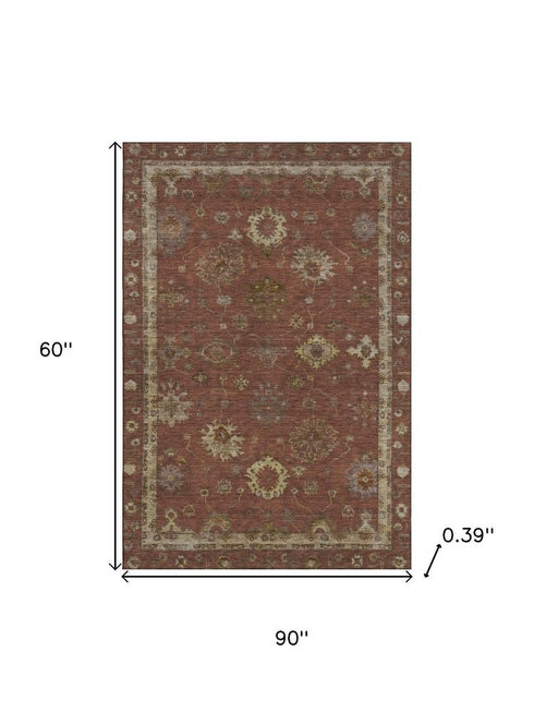5' X 8' Rust And Beige Oriental Washable Area Rug With UV Protection