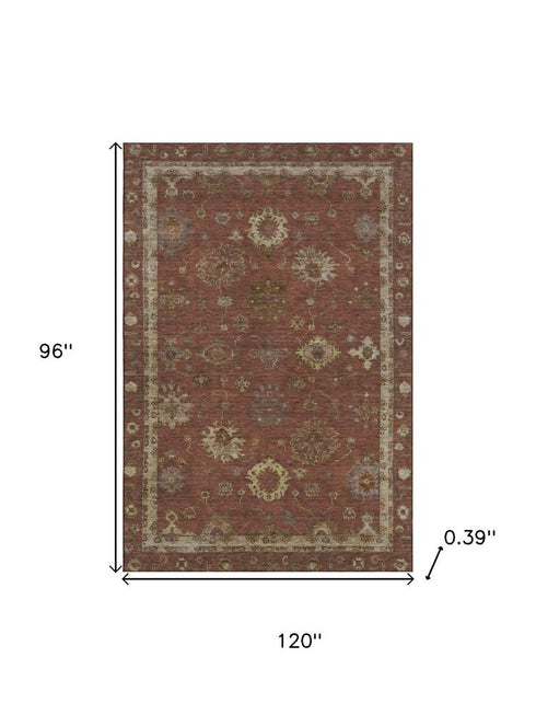 8' X 10' Rust And Beige Oriental Washable Area Rug With UV Protection
