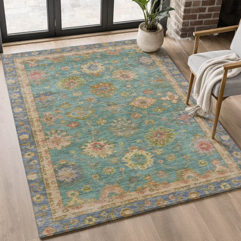 8' X 10' Teal And Blush Oriental Washable Area Rug With UV Protection