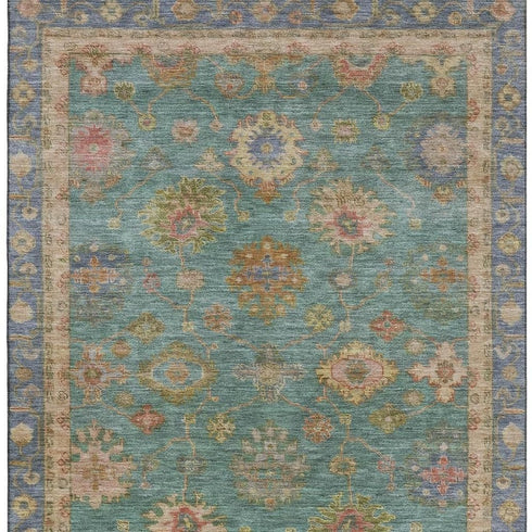 8' X 10' Teal And Blush Oriental Washable Area Rug With UV Protection